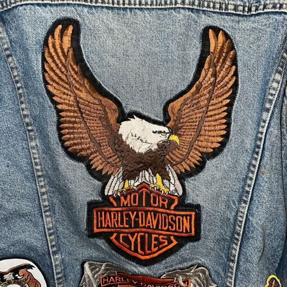 Vintage 80s Levi's Men's Harley Davidson Denim Motorcycle Jacket L with Patches - Picture 13 of 16